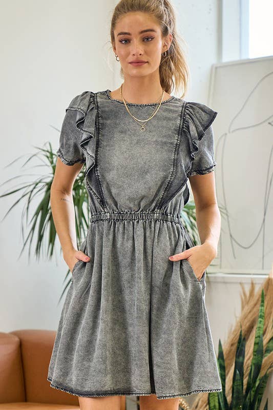 Short Sleeve Ruffle Denim Dress - 26840D