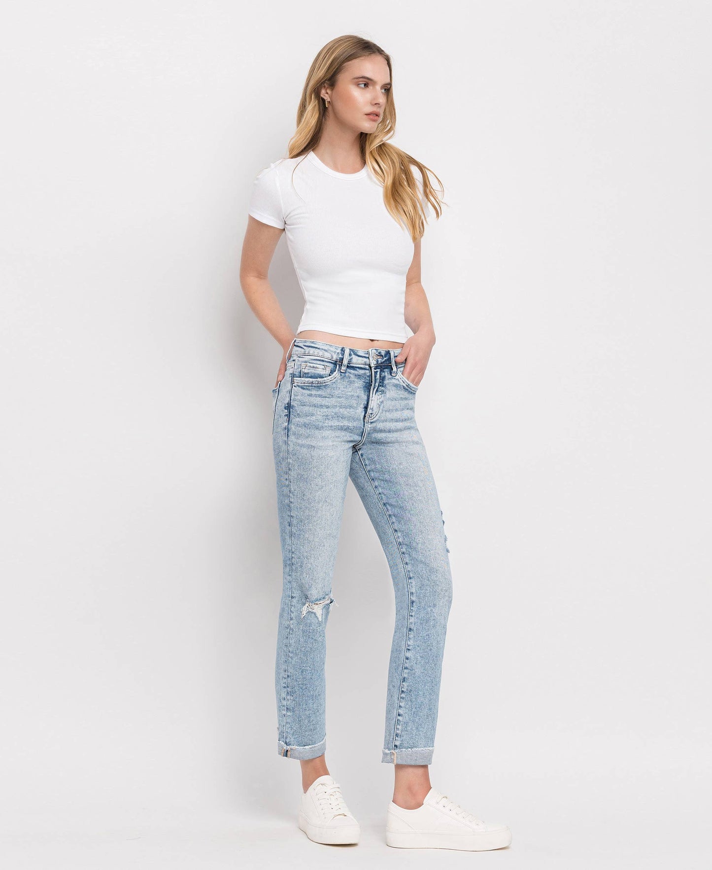 TUMMY CONTROL HIGH RISE CUFF SLIM STRAIGHT JEANS LV1302
