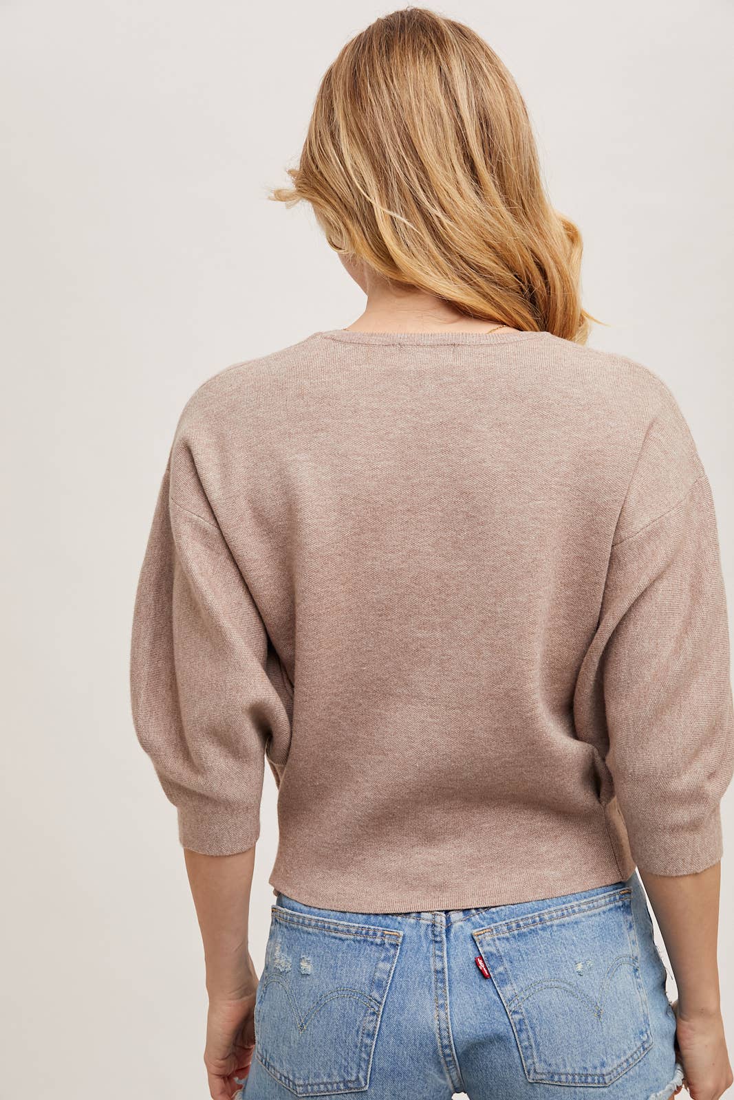 PUFFED 3/4 SLEEVED KNIT SWEATER TOP