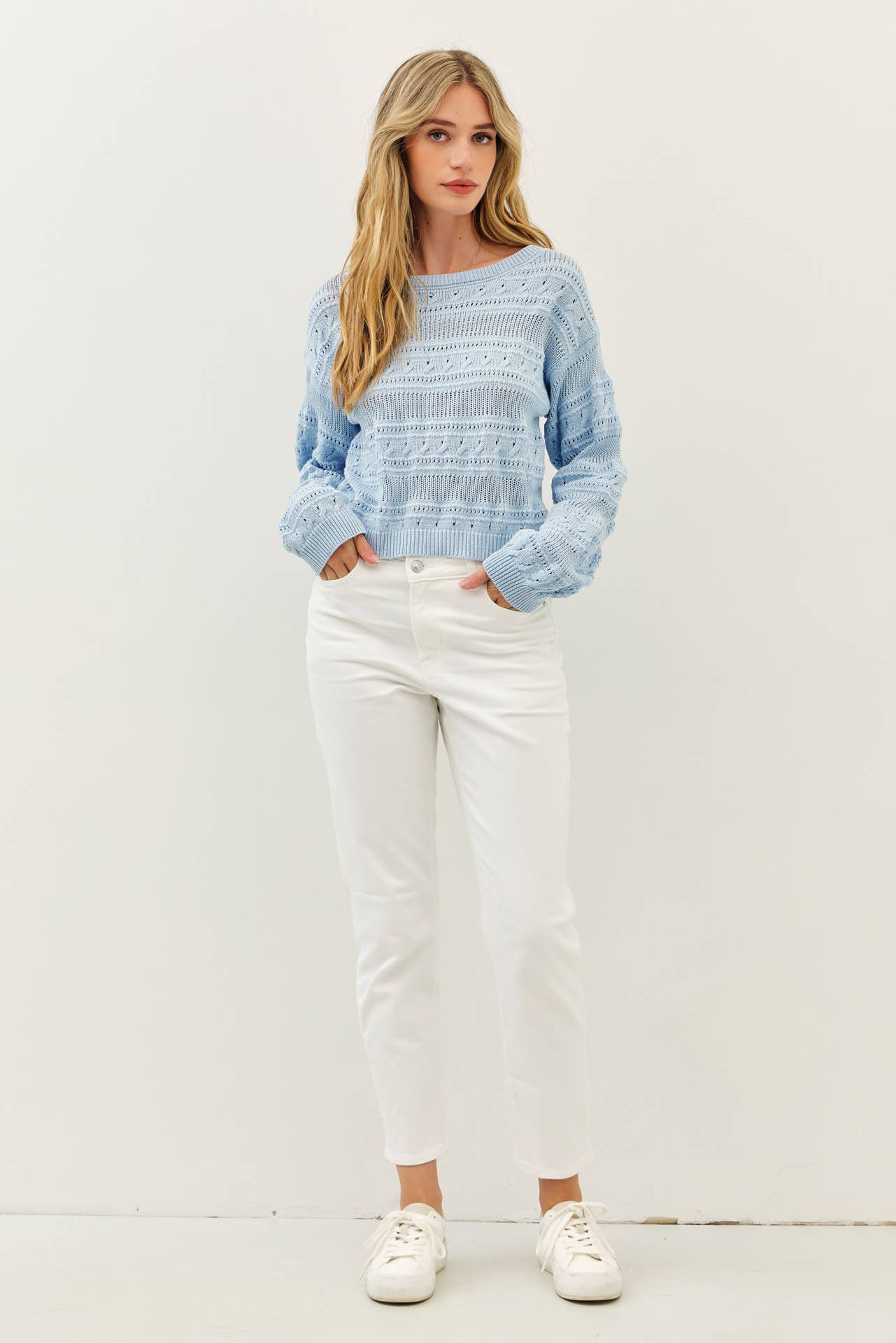 ROUND NECK SOFT COTTON CROCHET KNITTED SWEATER TOP