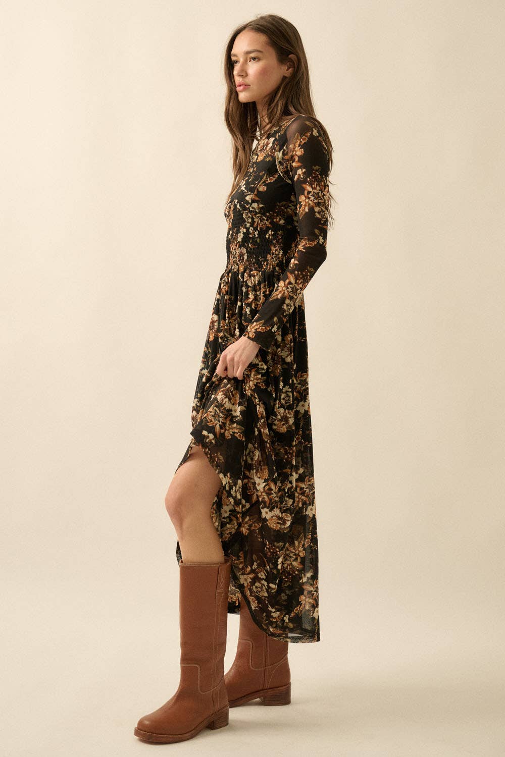 Floral Mesh Smocked Long-Sleeve Midi Dress