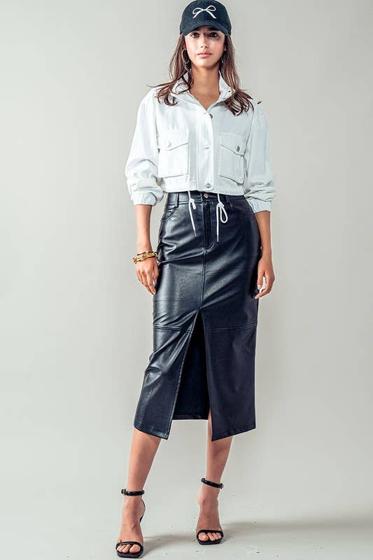 Faux Leather Front Slit Midi Skirt