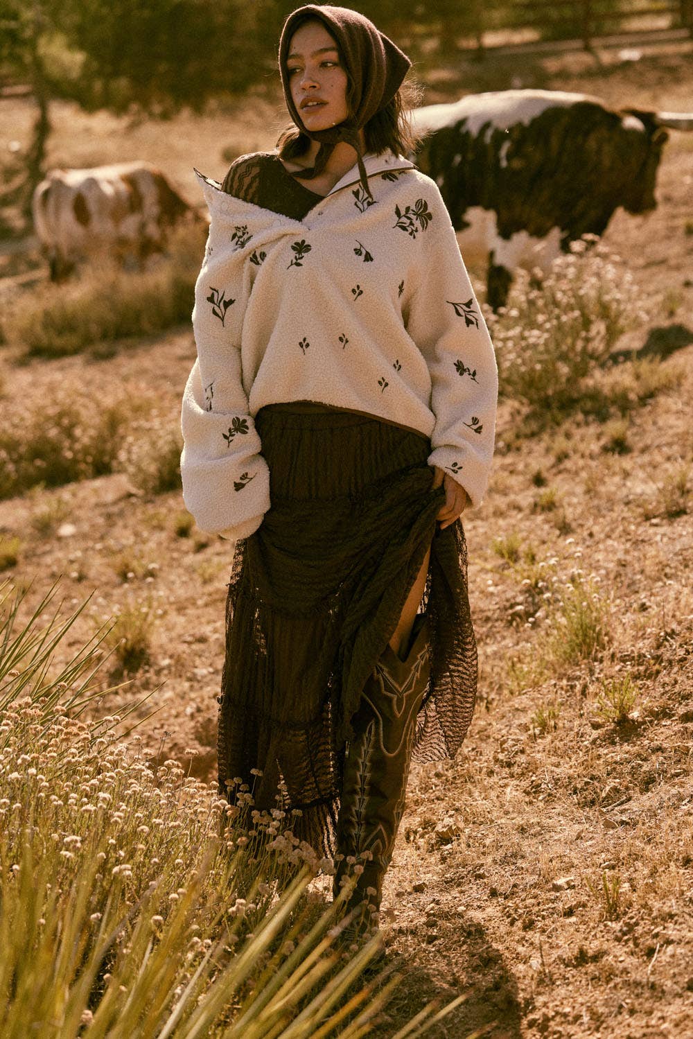 Floral-Embroidered Fleece Half-Snap Pullover