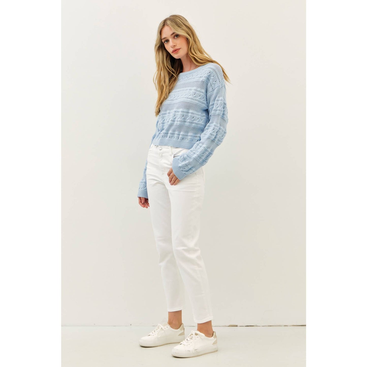ROUND NECK SOFT COTTON CROCHET KNITTED SWEATER TOP