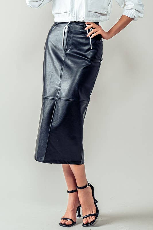 Faux Leather Front Slit Midi Skirt