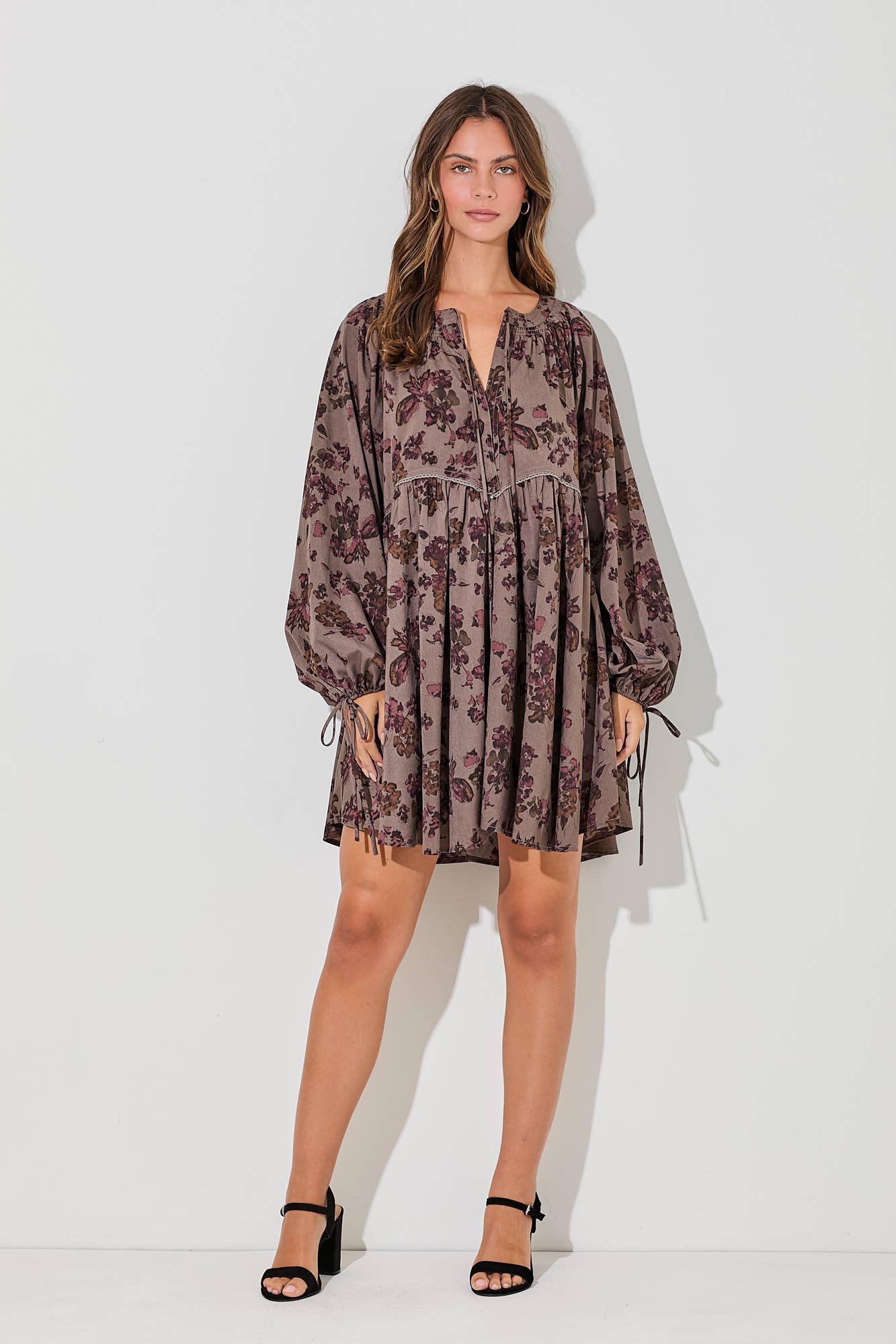 PRINTED FLORAL MINI DRESS LONG SLEEVE
