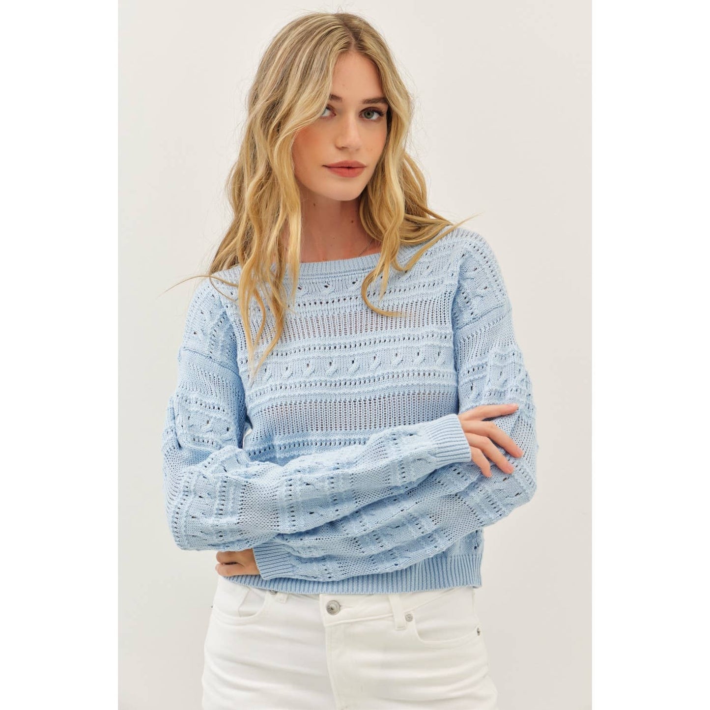 ROUND NECK SOFT COTTON CROCHET KNITTED SWEATER TOP