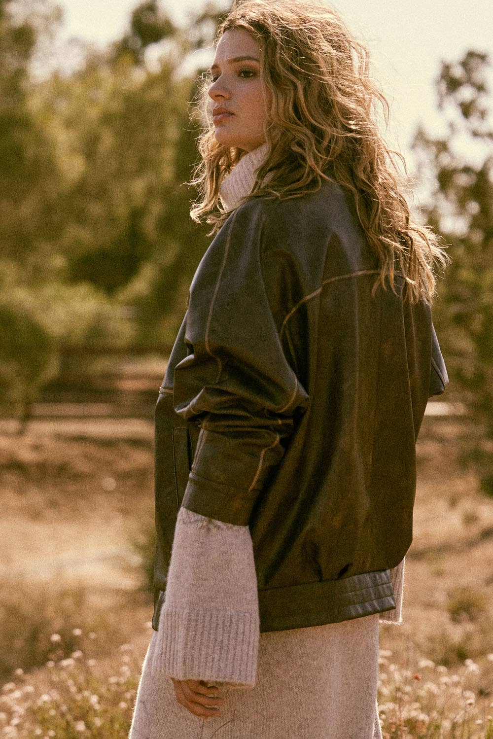 Faux Leather Piping-Trimmed Zip-Up Jacket