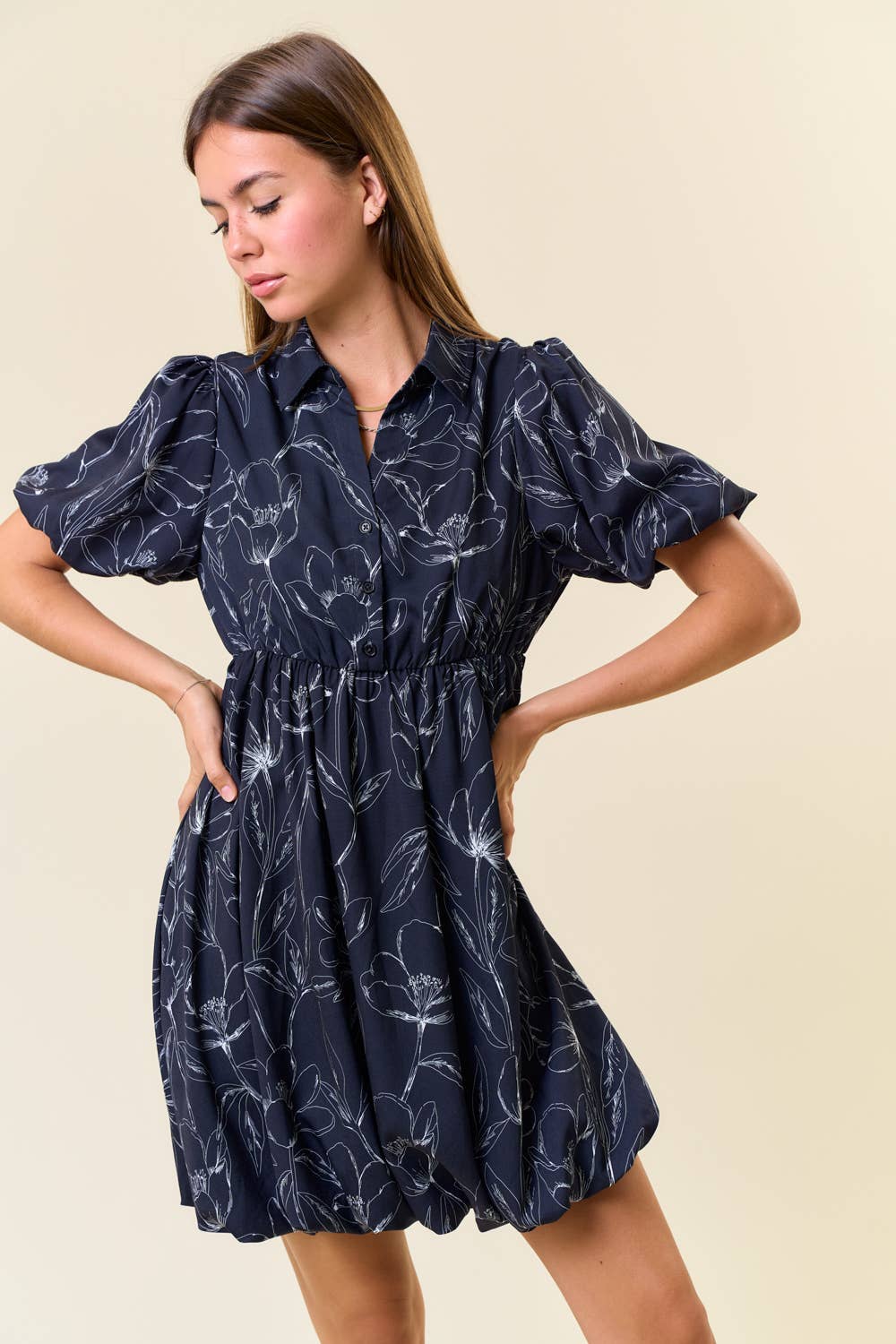 FLORAL PRINT SPLIT V-NECK BUBBLE HEM MINI DRESS