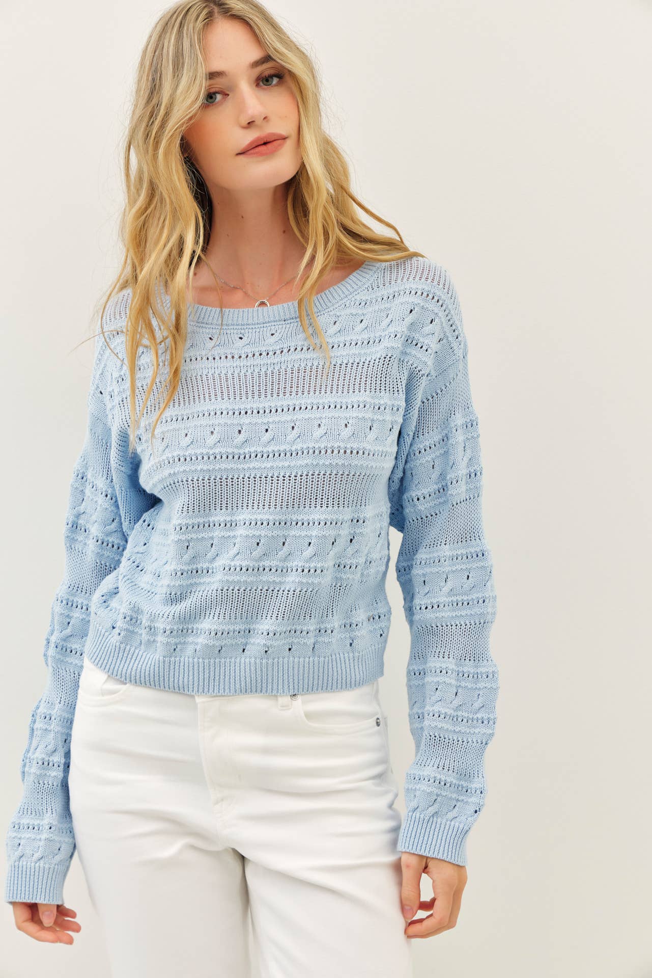 ROUND NECK SOFT COTTON CROCHET KNITTED SWEATER TOP