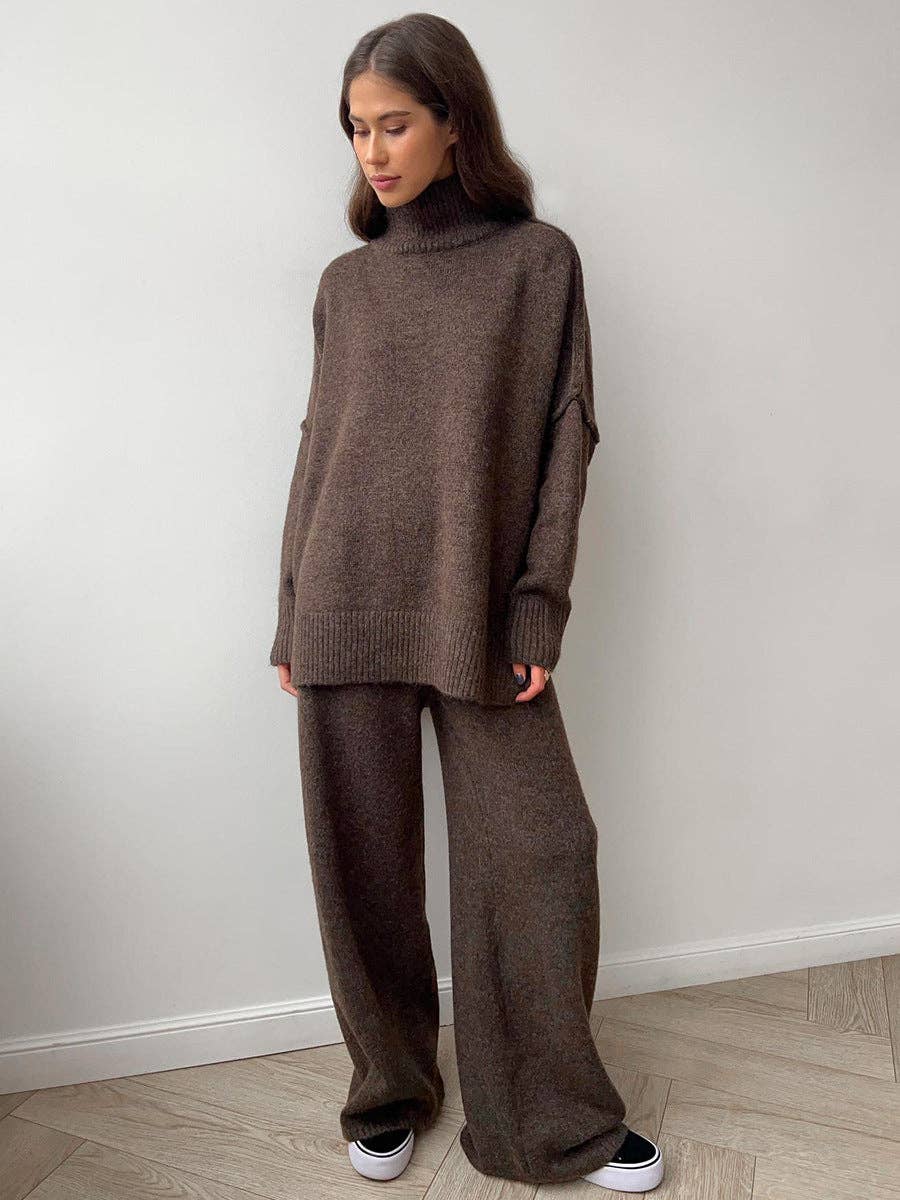 Loose High Collar Knit Set - Coffee