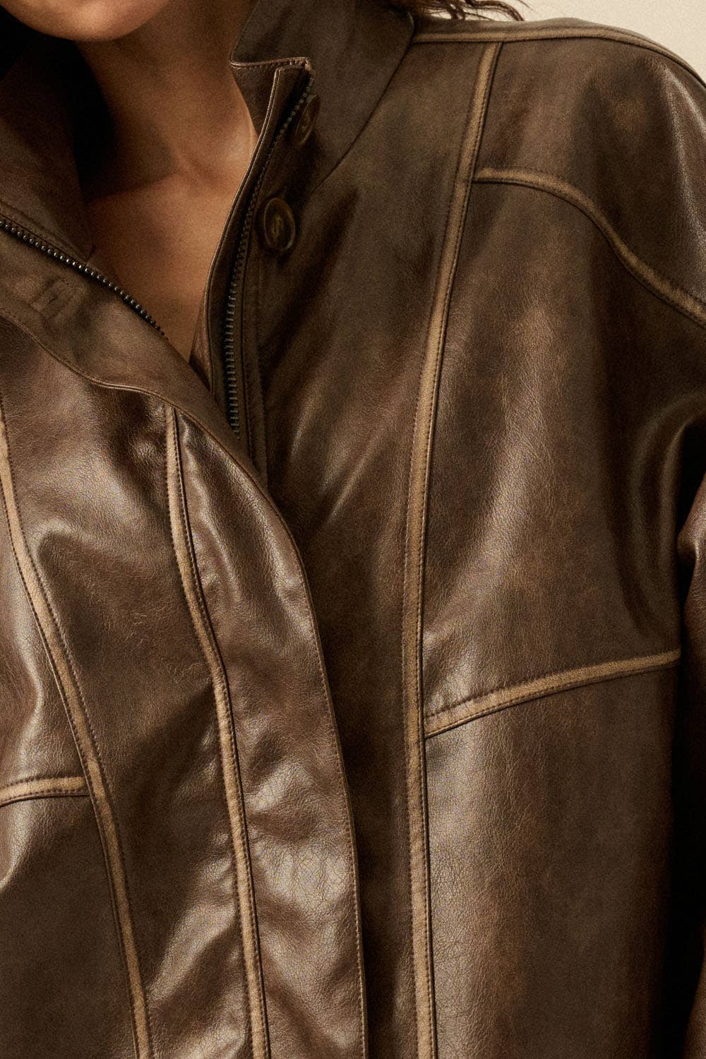 Faux Leather Piping-Trimmed Zip-Up Jacket