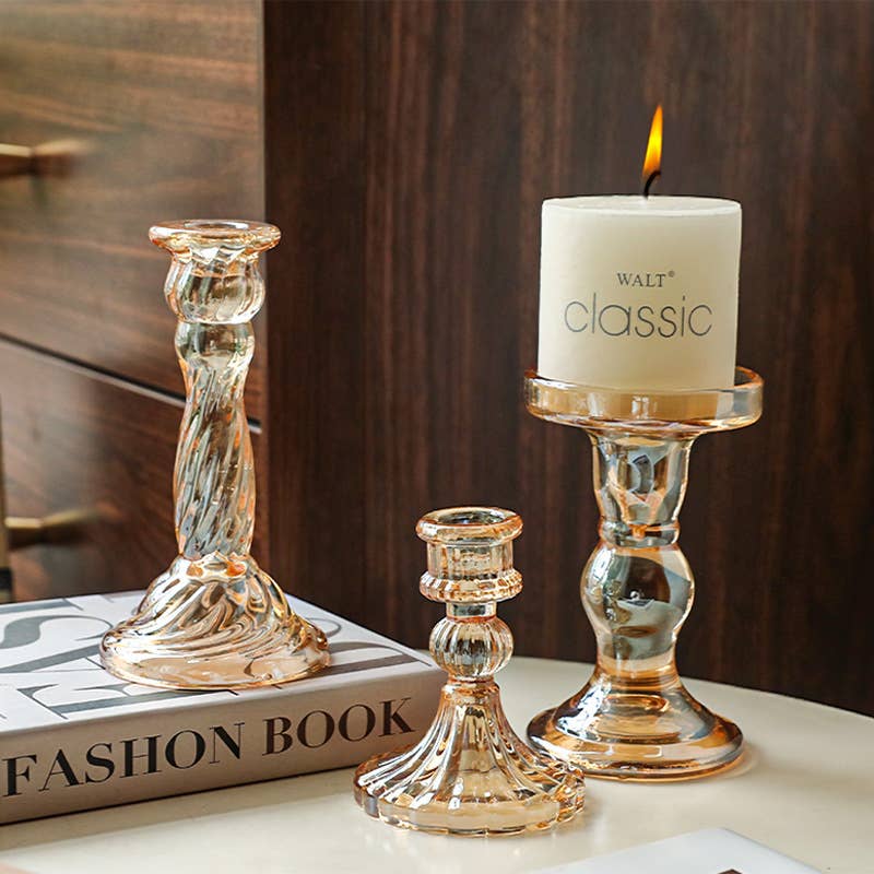 Glass Candlestick Holder Taper Candle Holders Tabletop Amber