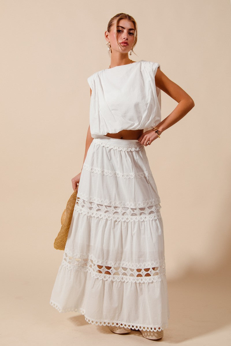Sleeveless Crop Bubble Top And Lace Trimmed Maxi Skirt Set