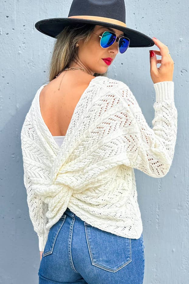 Ivory Textured Twist Detail Back Knitted Sweater Top