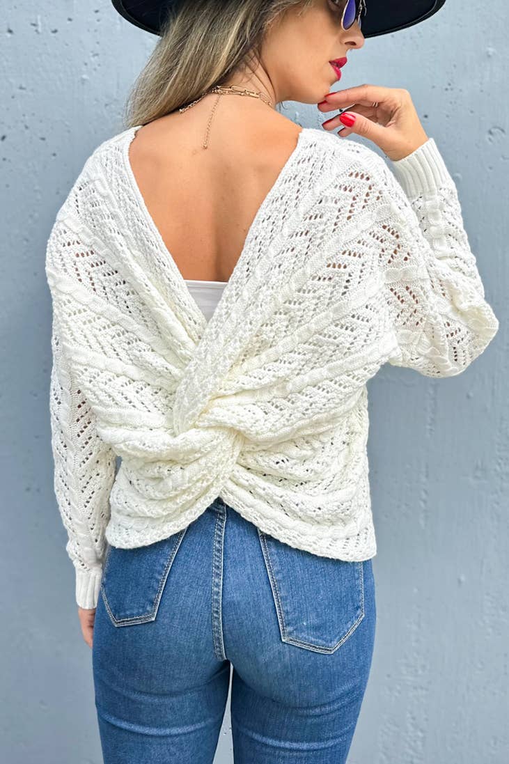 Ivory Textured Twist Detail Back Knitted Sweater Top
