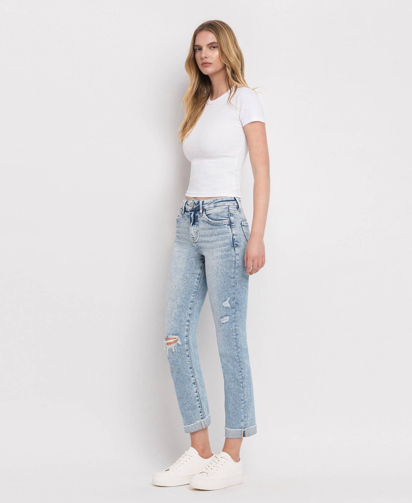 TUMMY CONTROL HIGH RISE CUFF SLIM STRAIGHT JEANS LV1302