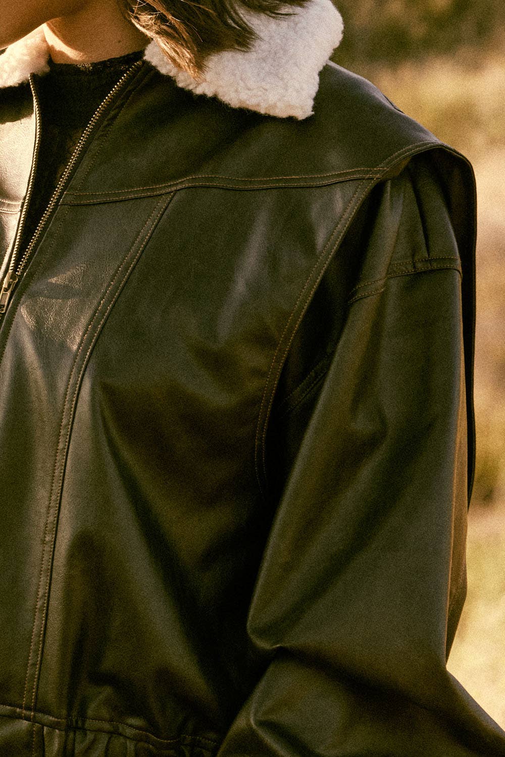 Faux Leather Shearling-Collar Zip-Up Bomber Jacket