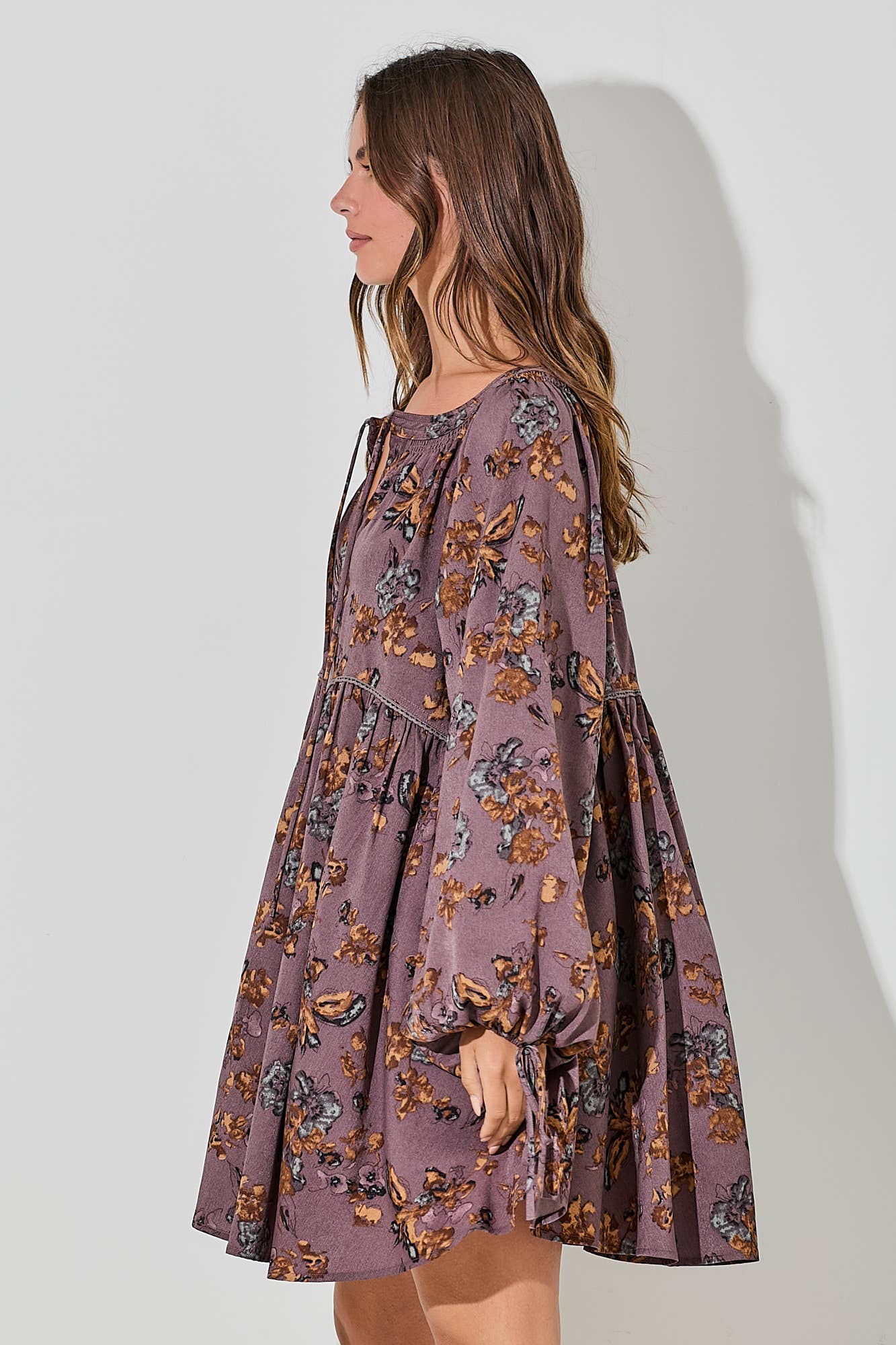 PRINTED FLORAL MINI DRESS LONG SLEEVE