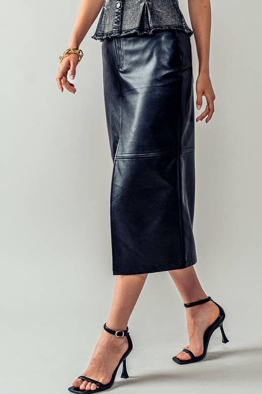 Faux Leather Front Slit Midi Skirt