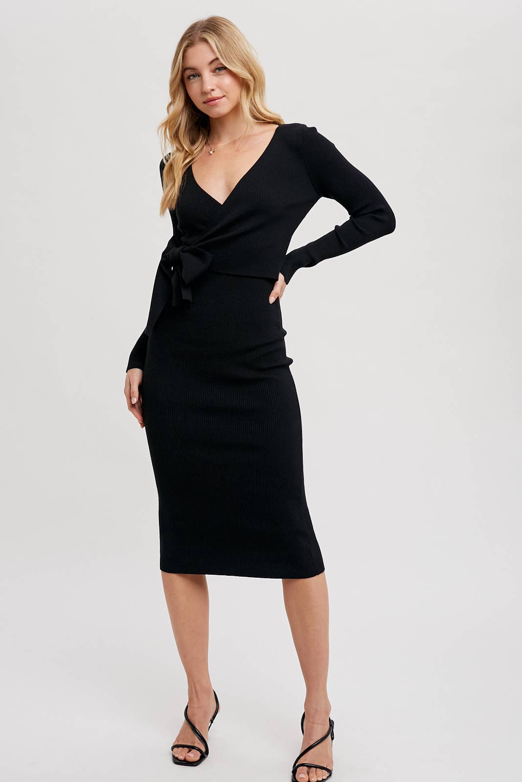 RIBBED KNIT RIBBON WRAP MIDI DRESS