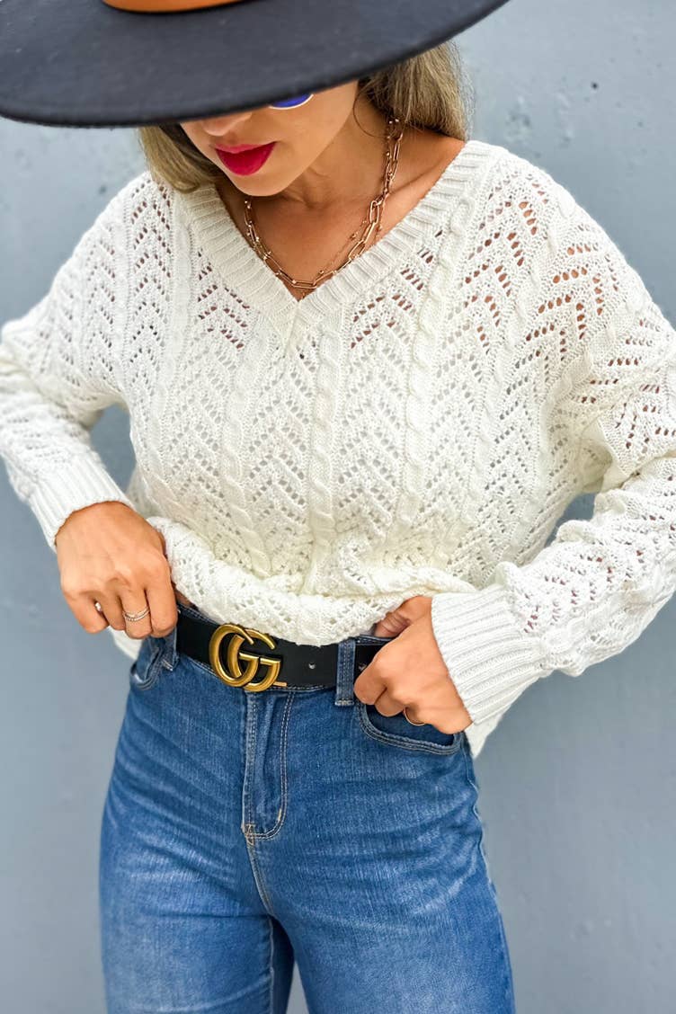 Ivory Textured Twist Detail Back Knitted Sweater Top