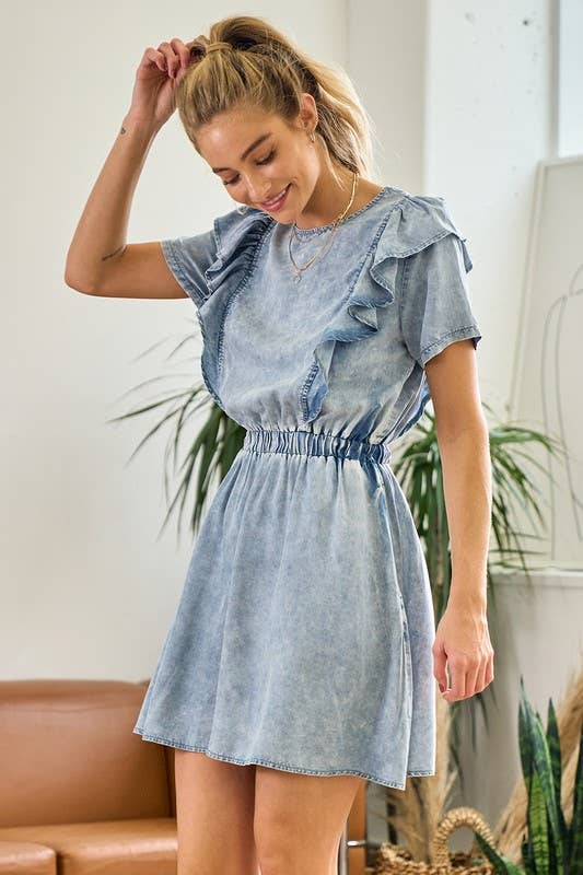 Short Sleeve Ruffle Denim Dress - 26840D