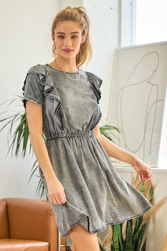 Short Sleeve Ruffle Denim Dress - 26840D
