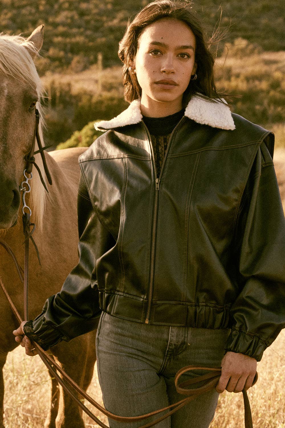 Faux Leather Shearling-Collar Zip-Up Bomber Jacket