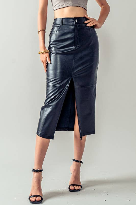 Faux Leather Front Slit Midi Skirt