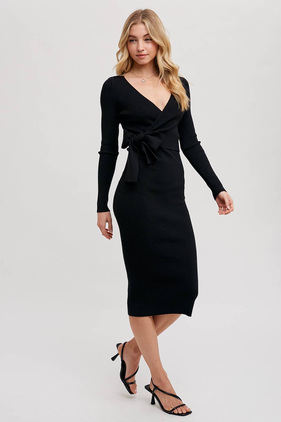 RIBBED KNIT RIBBON WRAP MIDI DRESS