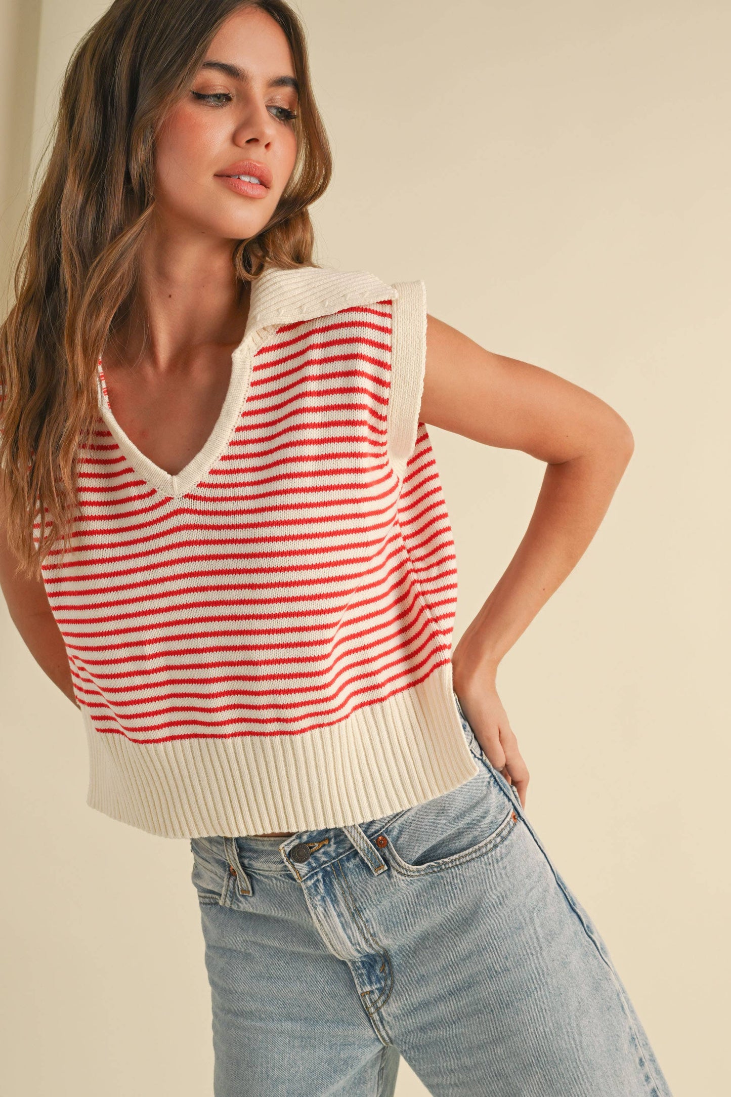 T3789 V-NECK STRIPE COLLAR KNITTED TOP