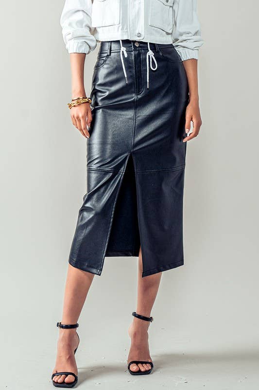 Faux Leather Front Slit Midi Skirt