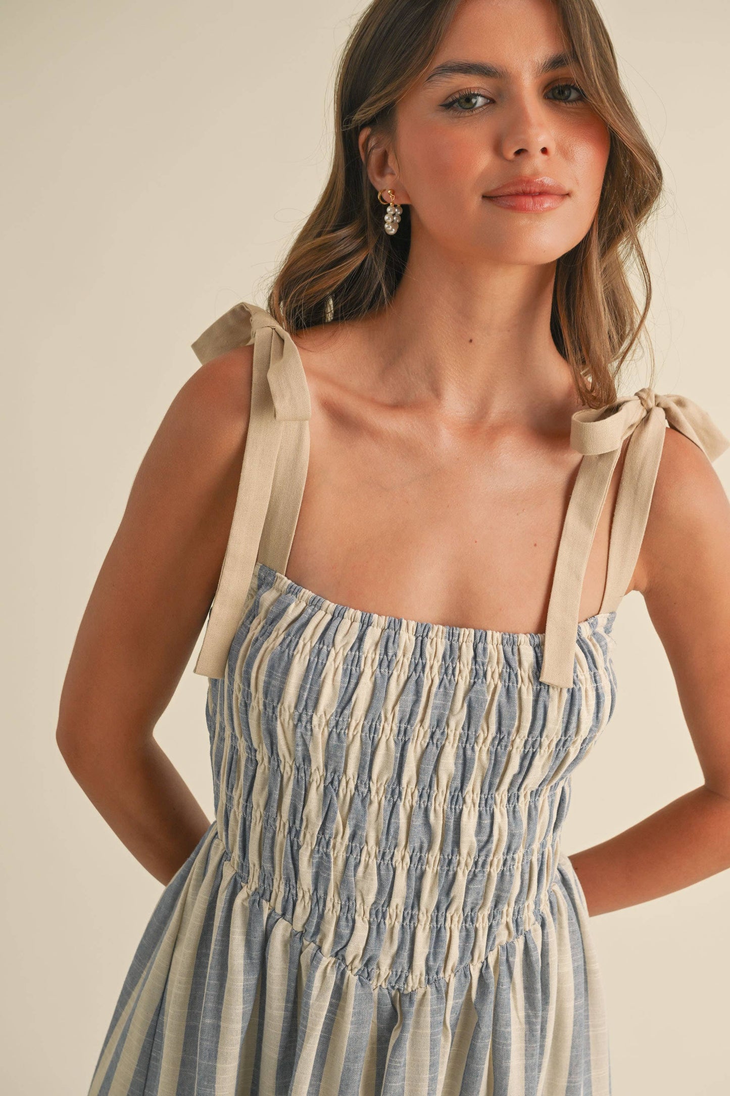 STRIPED CHEVRON WAIST SMOCKED TOP TIE STRAP MIDI