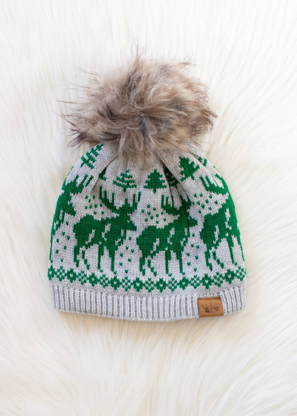 Lt. Gray & Green Reindeer Pom Hat