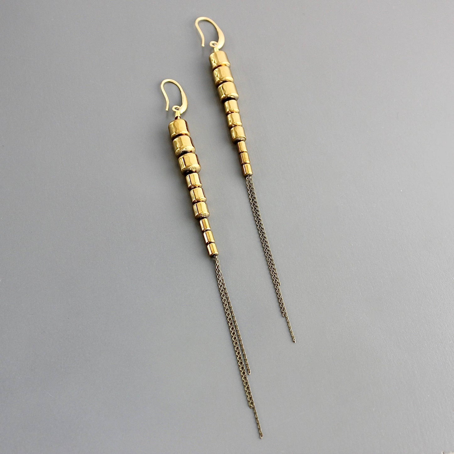 Gold hematite and brass ox chain earrings
