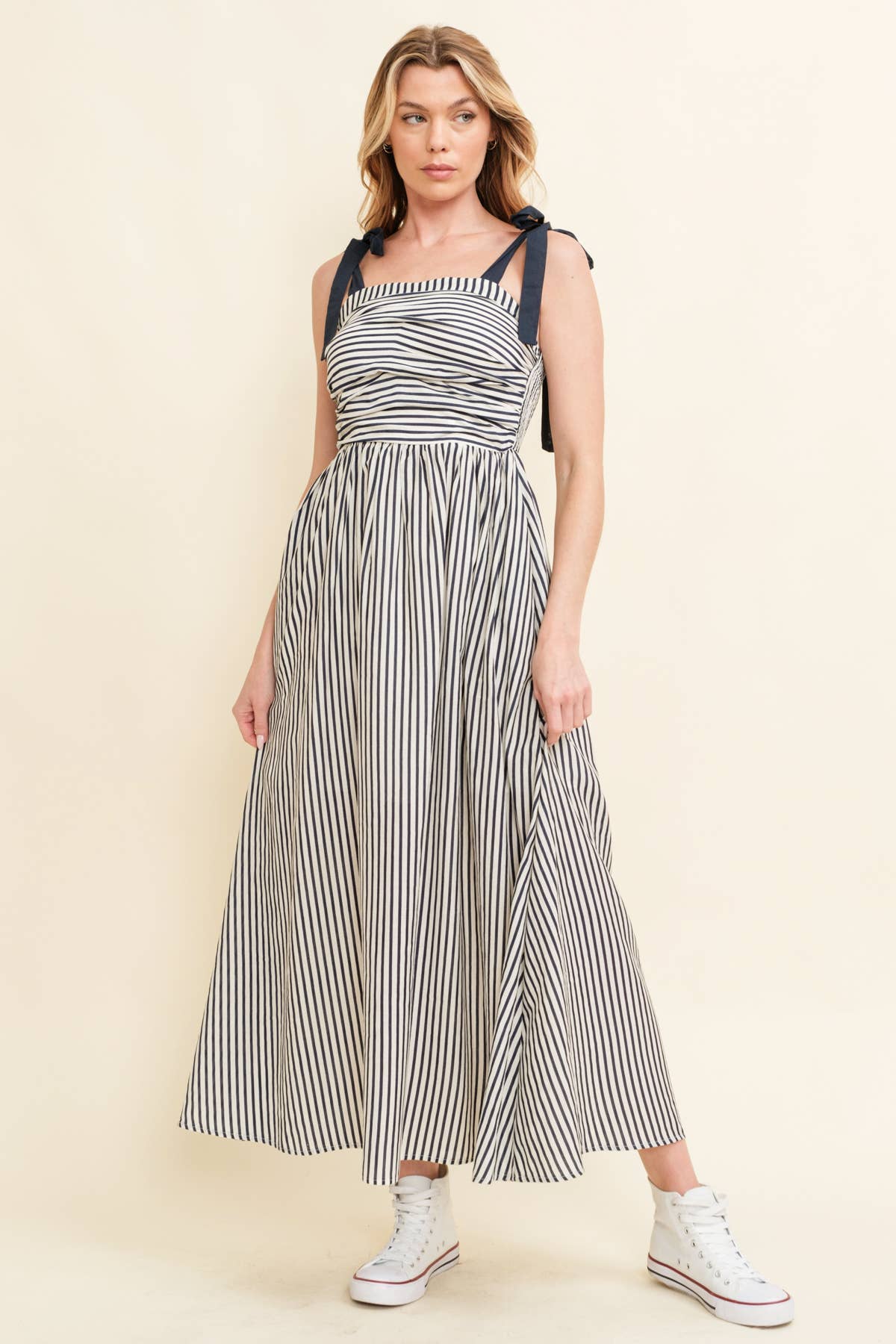 CD13260A - SHOULDER TIE STRIPED MAXI DRESS