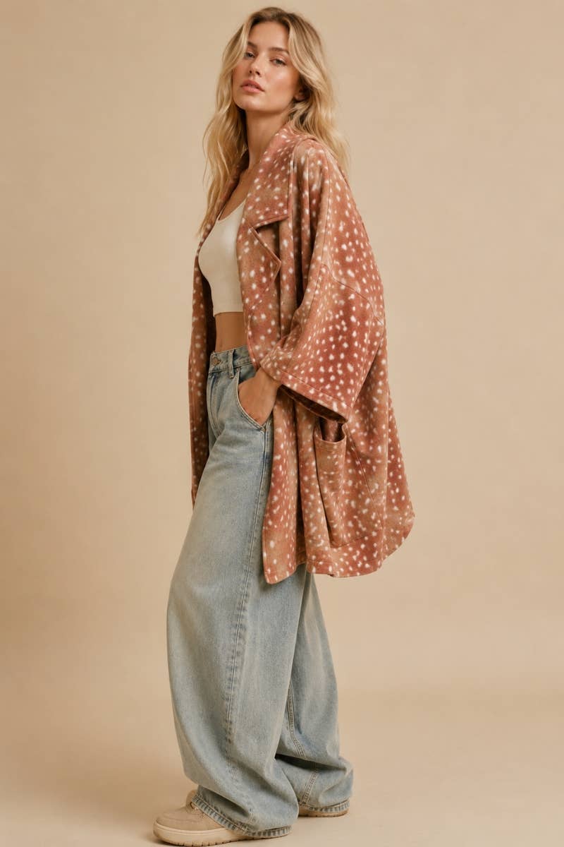 Cozy Fawn Print Oversized Cardigan Coat