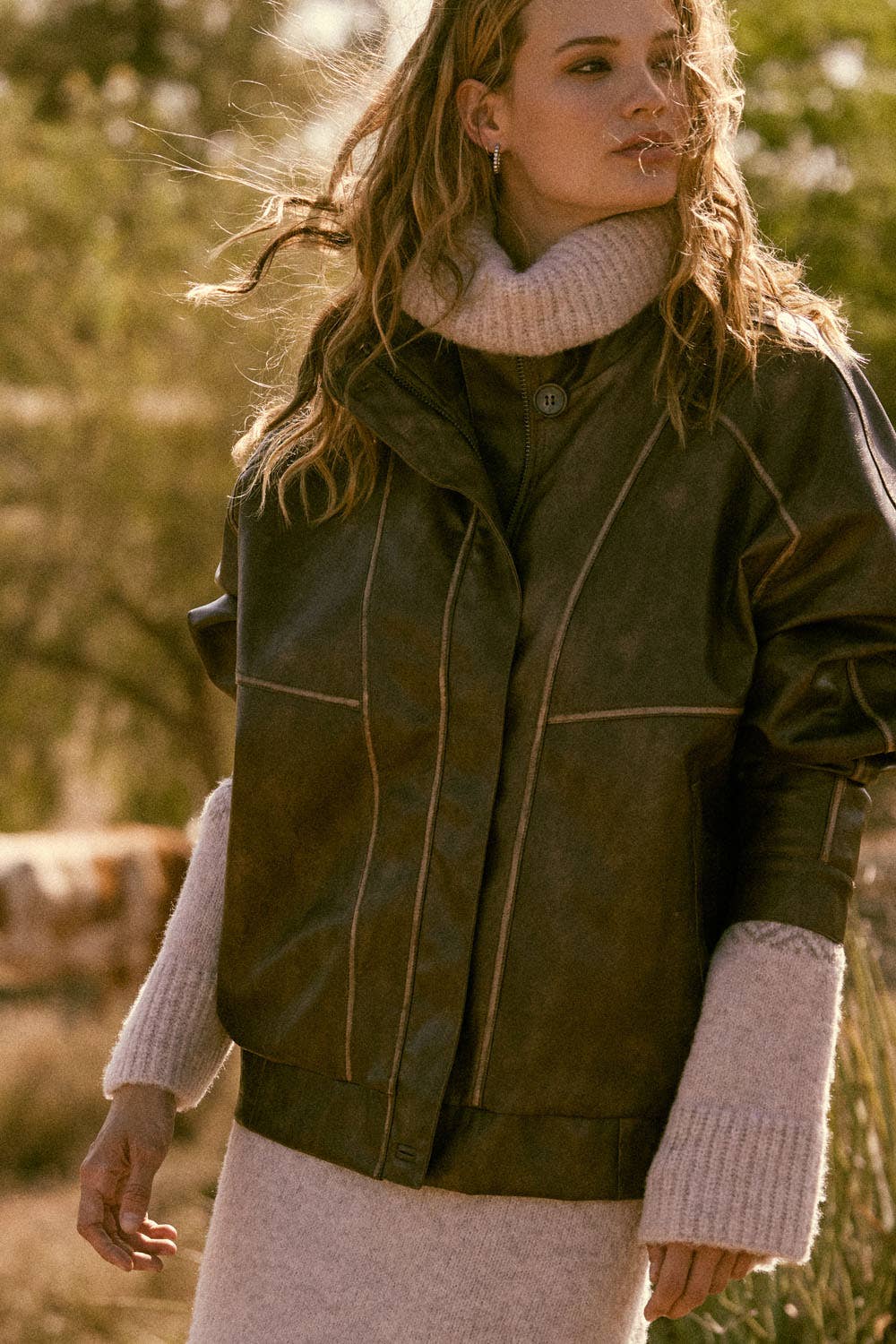 Faux Leather Piping-Trimmed Zip-Up Jacket