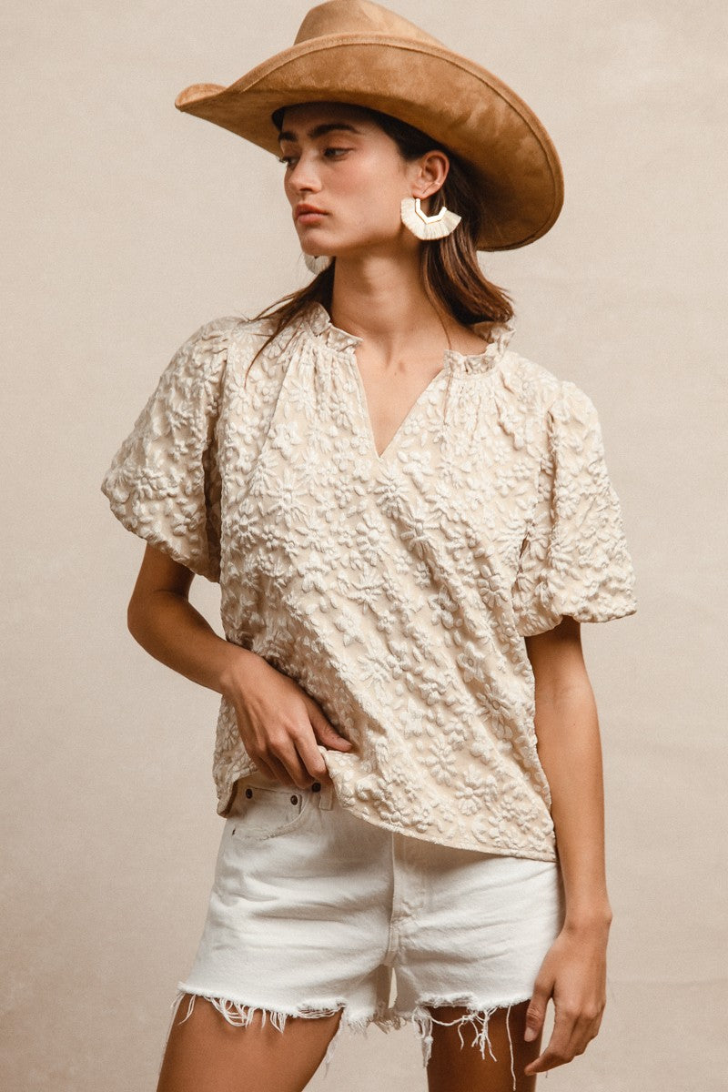 Floral Pattern Texture Short Balloon Sleeves Ruffled V-Neck Top