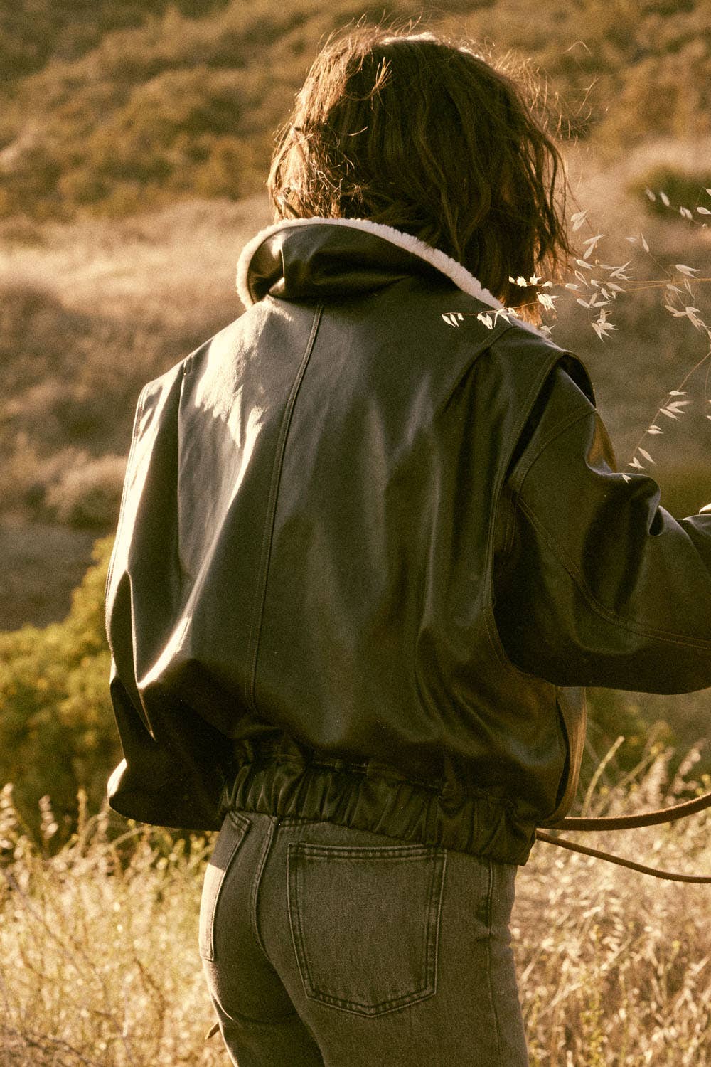 Faux Leather Shearling-Collar Zip-Up Bomber Jacket