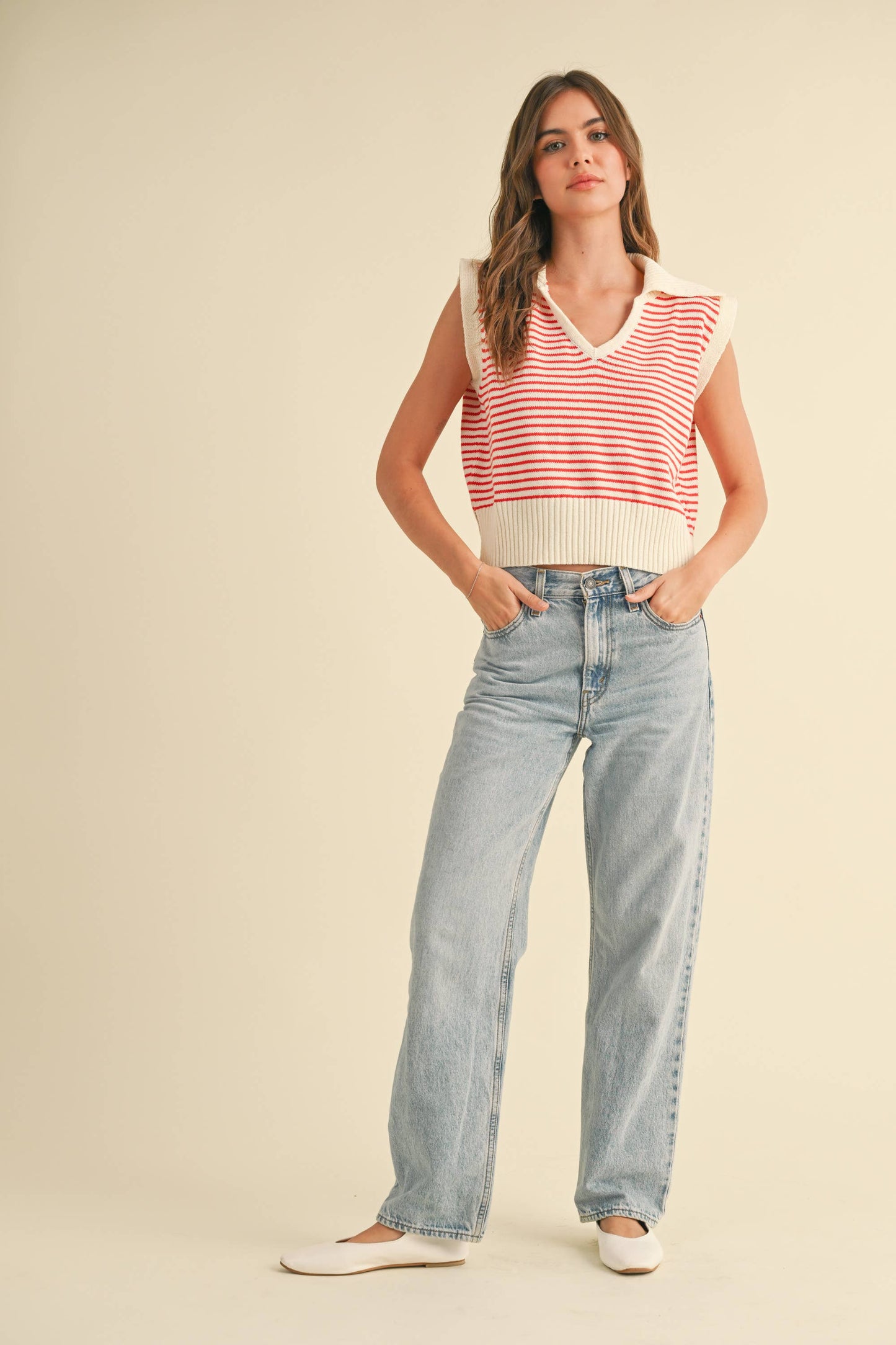 T3789 V-NECK STRIPE COLLAR KNITTED TOP