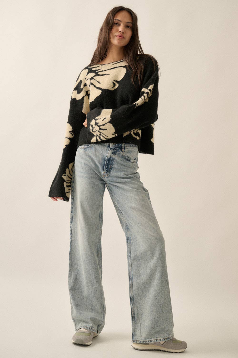 Solid Contrasting Floral Sweater