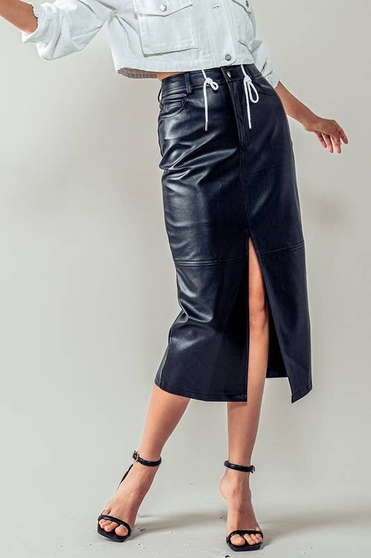 Faux Leather Front Slit Midi Skirt
