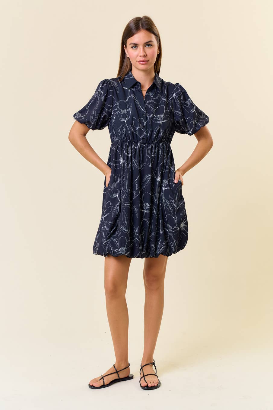 FLORAL PRINT SPLIT V-NECK BUBBLE HEM MINI DRESS