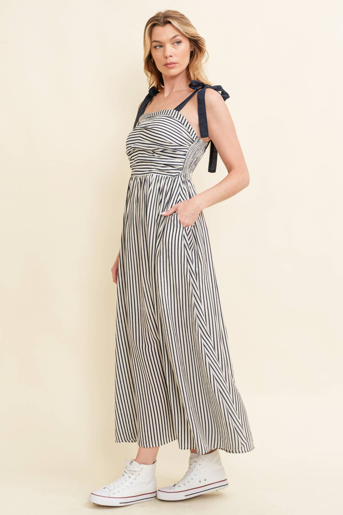 CD13260A - SHOULDER TIE STRIPED MAXI DRESS
