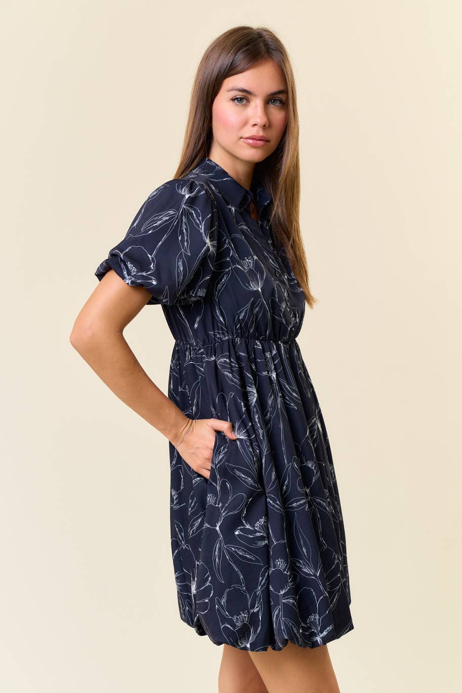FLORAL PRINT SPLIT V-NECK BUBBLE HEM MINI DRESS