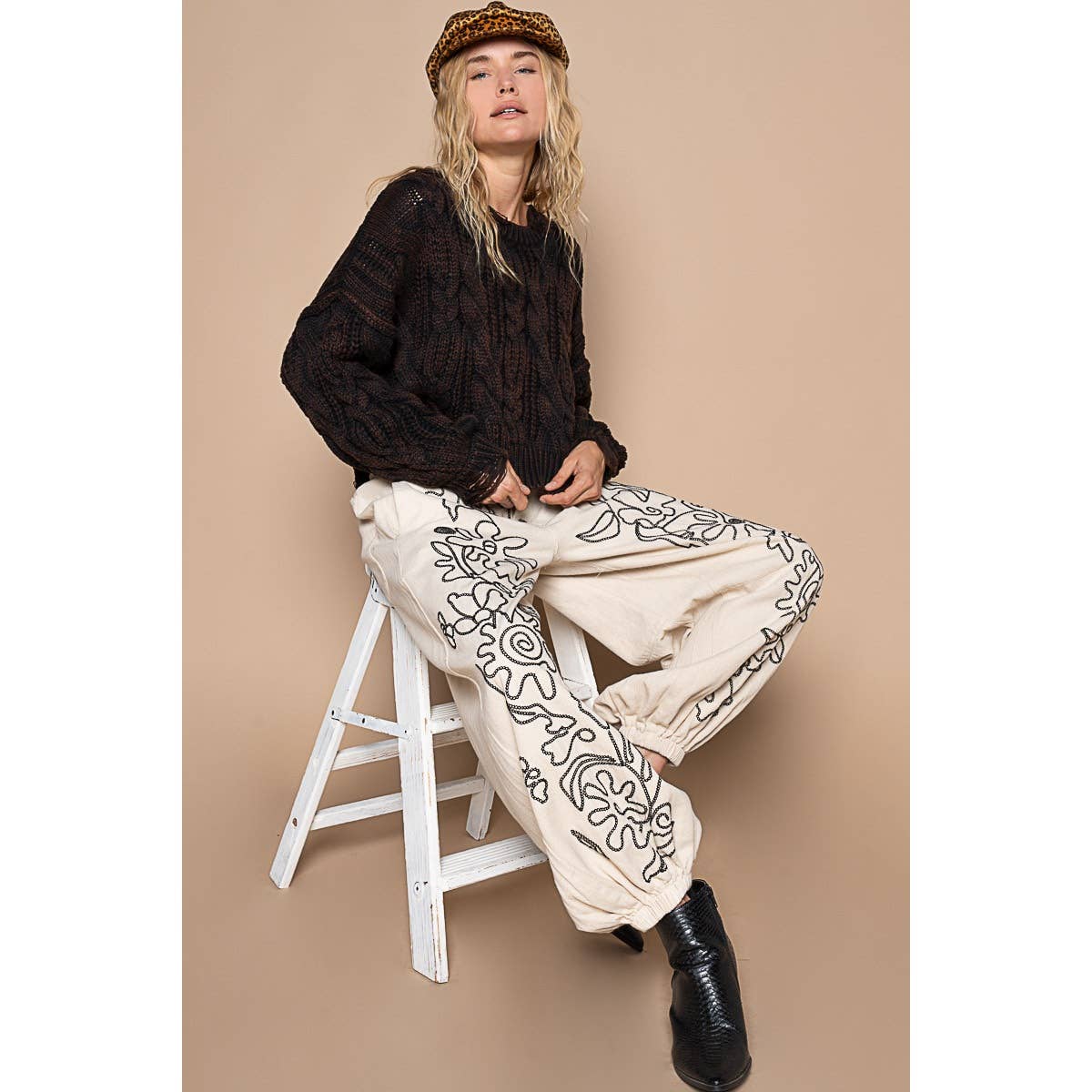 Floral embroidered pattern solid twill pants