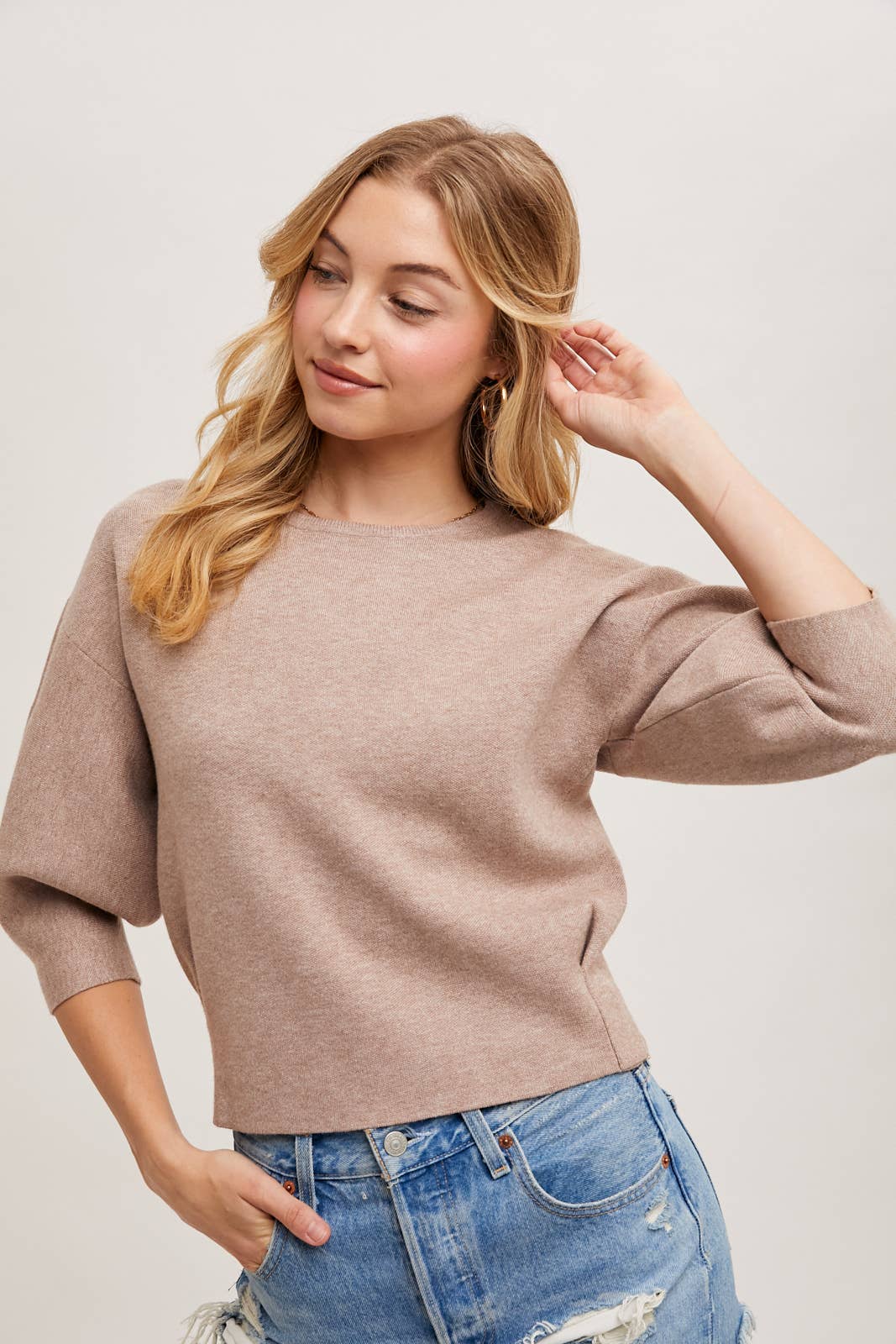 PUFFED 3/4 SLEEVED KNIT SWEATER TOP