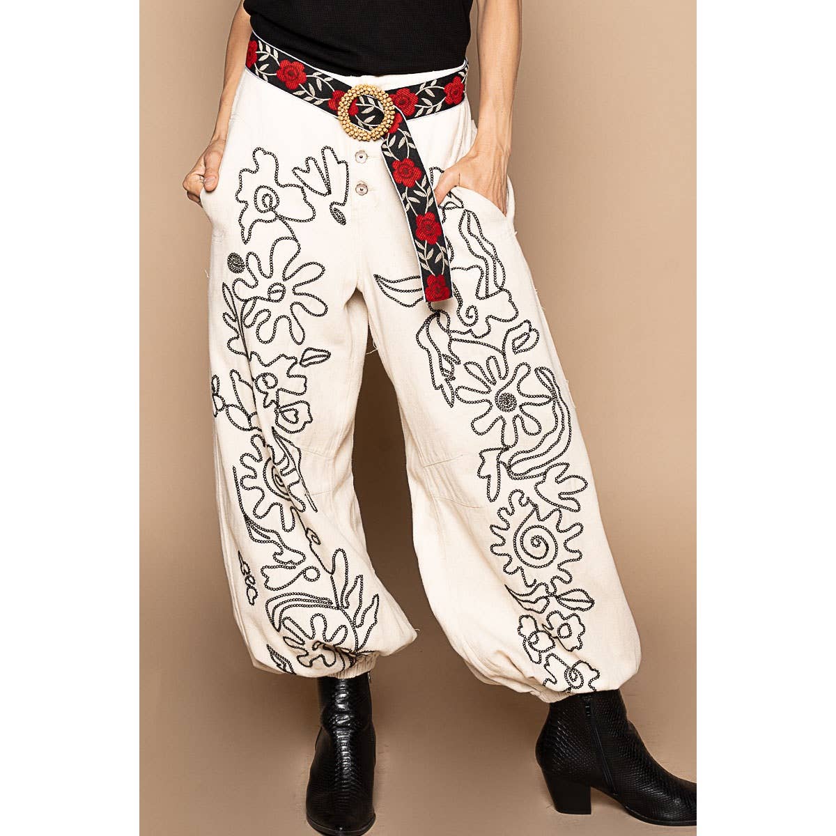 Floral embroidered pattern solid twill pants